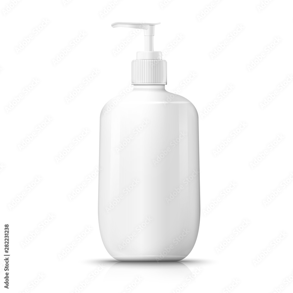 Vector 3d realistic white plastic bottle with pump cap. Mock-up for product package branding. Vector 3d realistic white plastic bottle with pump cap. Mock-up for product package branding.