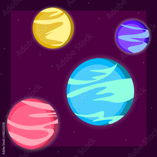 Galaxy space four planets of the solar system, the stars light the universe cartoon vector illustration