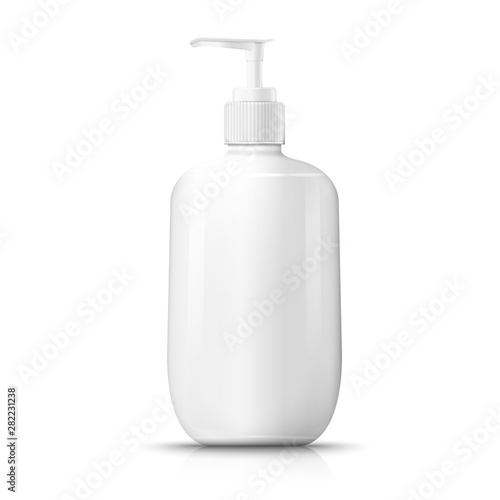 Vector 3d realistic white plastic bottle with pump cap. Mock-up for product package branding.