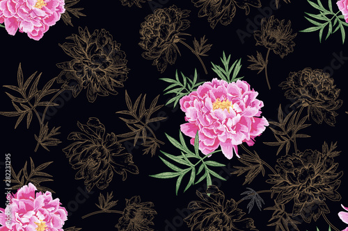 Seamless floral vector pattern. Garden flowers peonies.