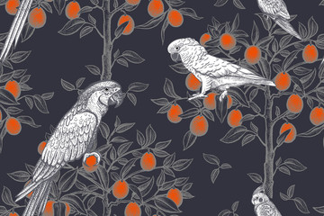 Handdoek met foto Papegaai patronen Bomen en papegaaien exotisch dessin  © marinavorona