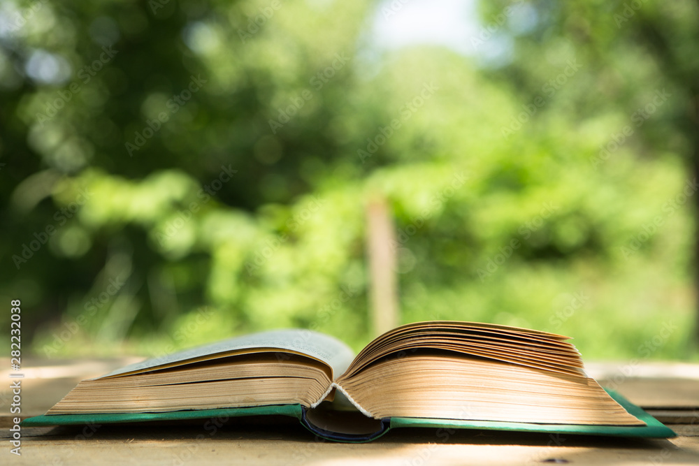 Open book on a wooden table in a garden. Sunny summer day, reading in a vacation concept Open book on a wooden table in a garden. Sunny summer day, reading in a vacation concept