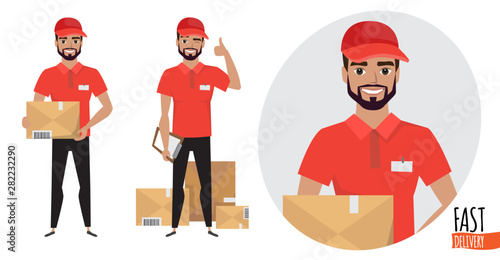 Fast delivery. Vector illustration of courier with a package. Young man with a box in hand