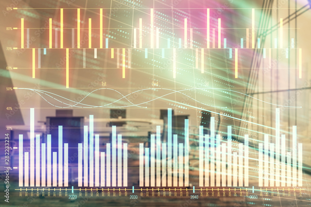 Multi exposure of stock market graph on conference room background. Concept of financial analysis Multi exposure of stock market graph on conference room background. Concept of financial analysis
