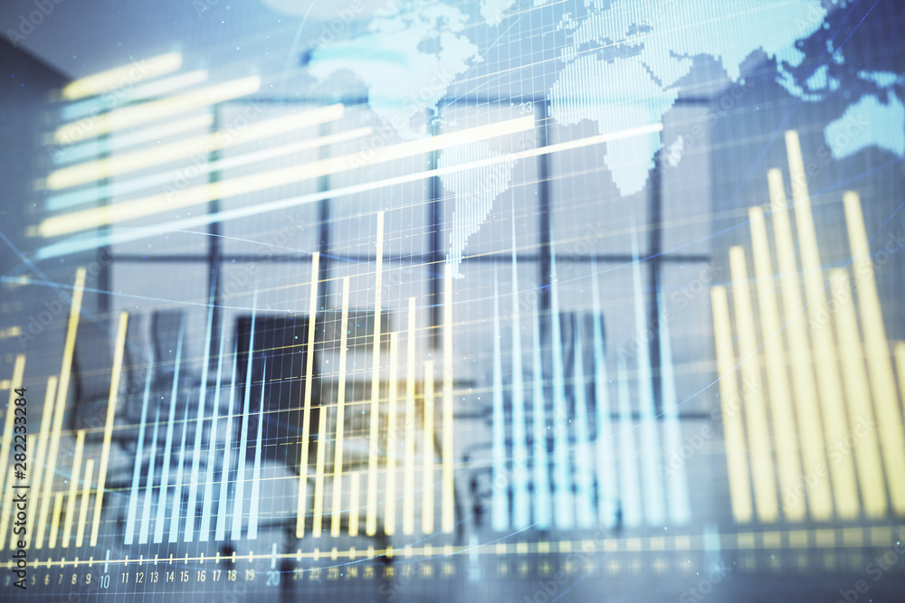 Obraz premium Double exposure of stock market graph with globe hologram on conference room background. Concept of international finance