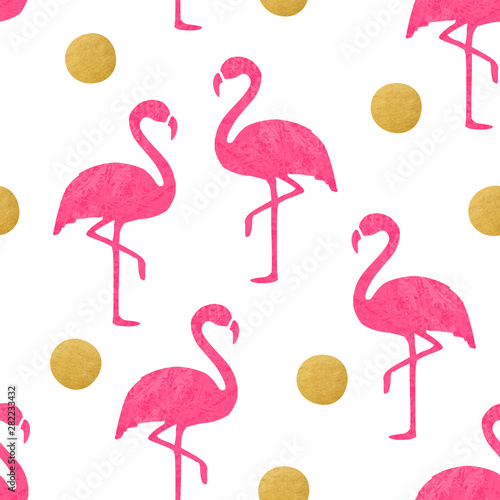 Pink Flamingo Pattern with Golden Dots. Endless