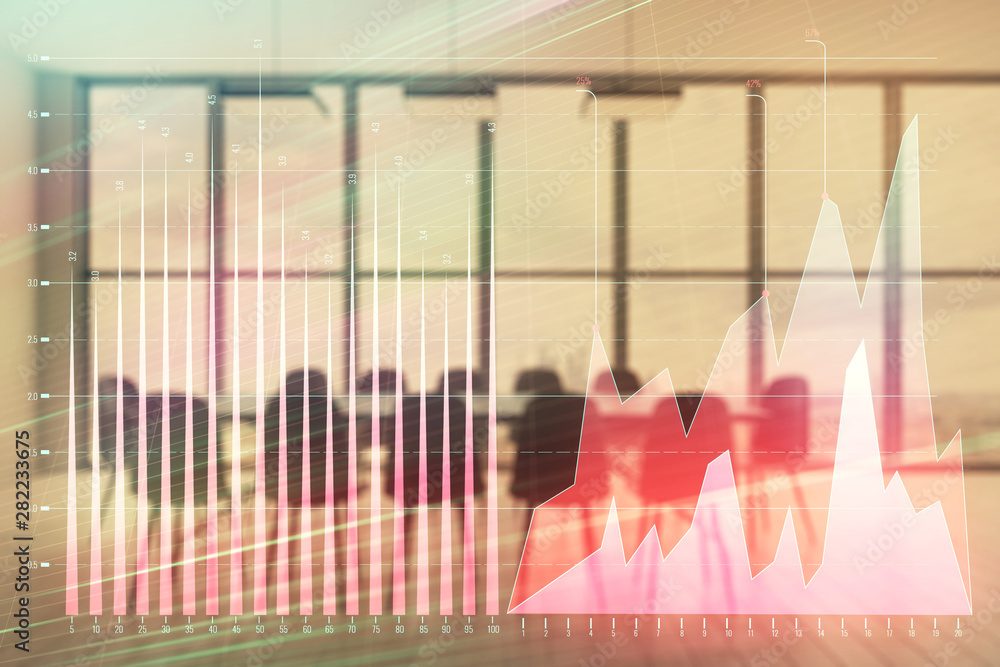 Multi exposure of stock market graph on conference room background. Concept of financial analysis Multi exposure of stock market graph on conference room background. Concept of financial analysis