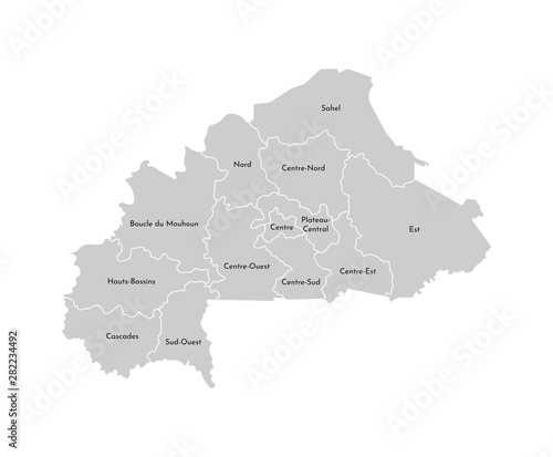 Vector isolated illustration of simplified administrative map of Burkina Faso. Borders and names of the regions. Grey silhouettes. White outline