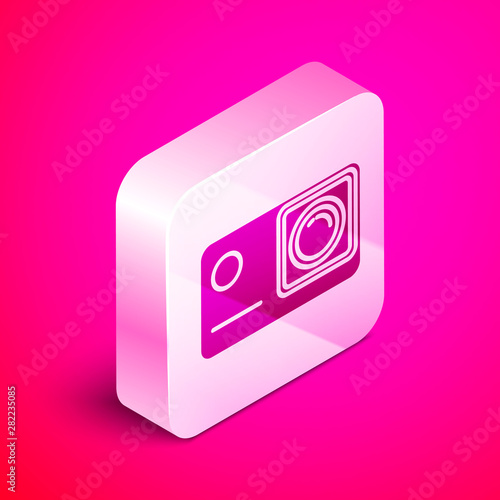 Isometric Action extreme camera icon isolated on pink background. Video camera equipment for filming extreme sports. Silver square button. Vector Illustration