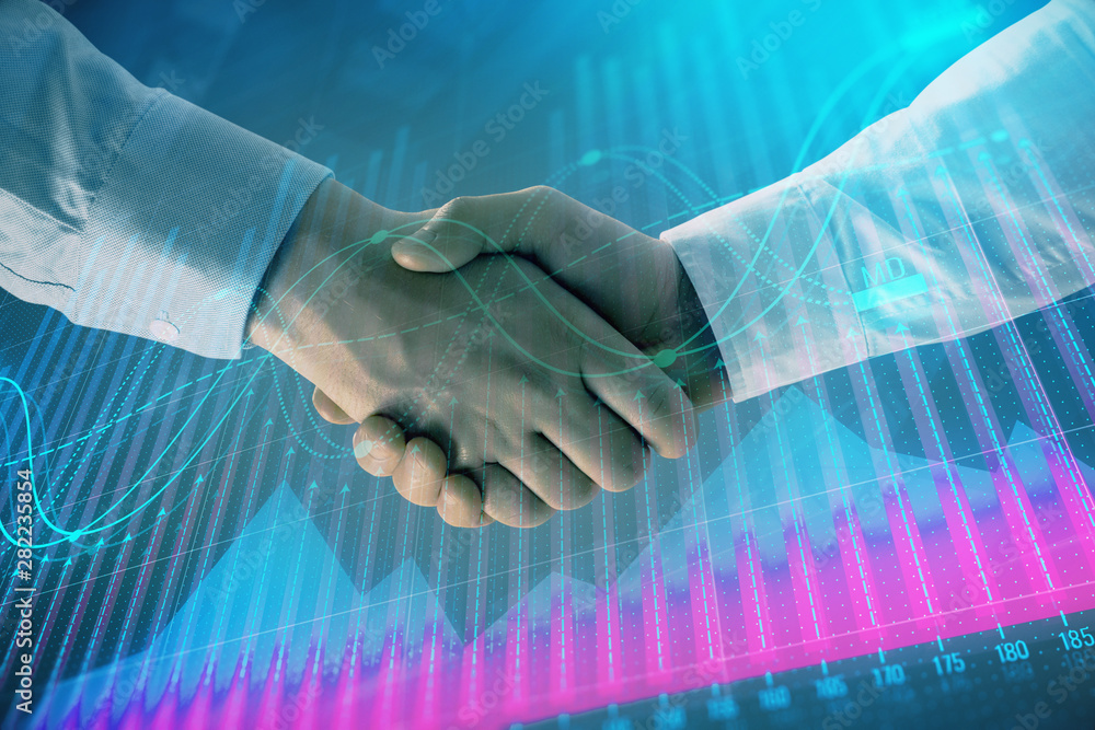 Multi exposure of forex graph on abstract background with two businessmen handshake. Concept of success on stock market Multi exposure of forex graph on abstract background with two businessmen handshake. Concept of success on stock market
