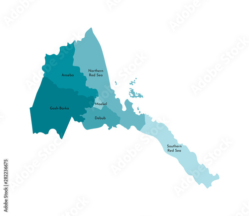 Vector isolated illustration of simplified administrative map of Eritrea. Borders and names of the regions. Colorful blue khaki silhouettes photo