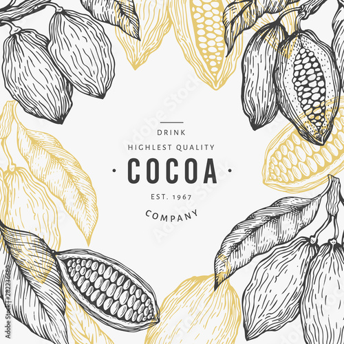 Cocoa bean tree banner template. Chocolate cocoa beans background. Vector hand drawn illustration. Vintage style illustration.