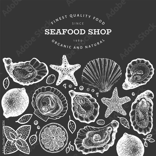 Oysters and spices design template. Hand drawn vector illustration on chalk board. Seafood banner. Can be used for design menu, packaging, recipes, label, fish market, seafood products.