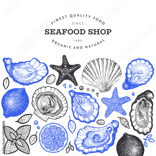 Oysters and spices design template. Hand drawn vector illustration. Seafood banner. Can be used for design menu, packaging, recipes, label, fish market, seafood products.