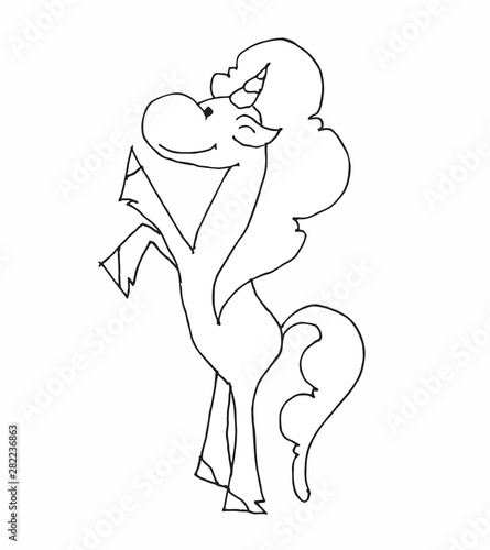 Coloring book for kids - standing on hind legs. Black and white cute cartoon unicorns. Vector illustration.