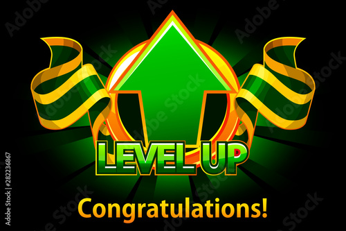 Level UP icon, game screen. Vector illustration with arrow and award ribbon. Casual Game. Can be used in mobile or web game. Objects on a separate layer.