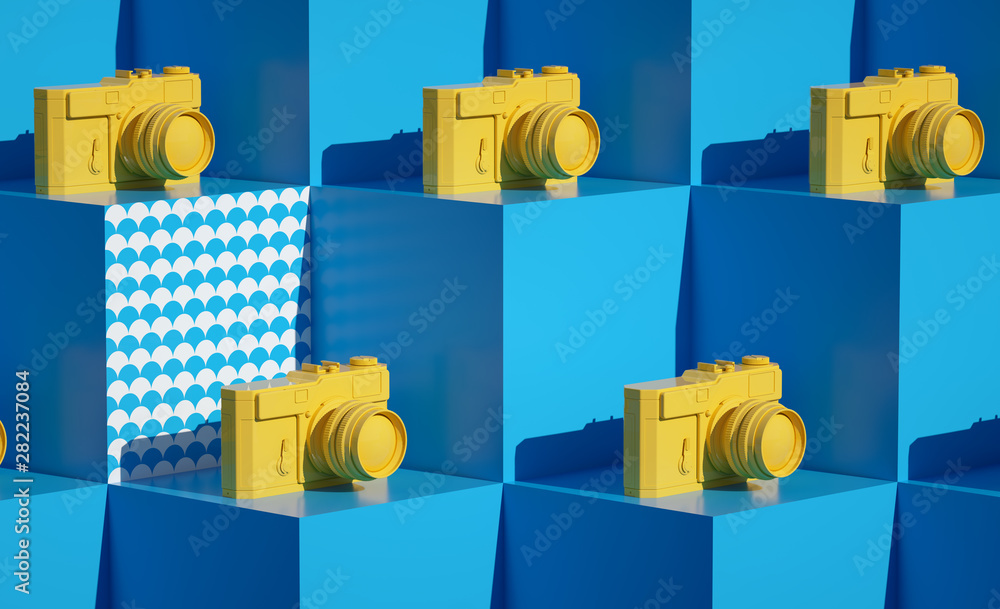 3d Cubes Pattern render Fresh still life holidays illustration Vacations composition Yellow Photo camera summer objects closeup Blue background with wave patterns 3d Cubes Pattern render Fresh still life holidays illustration Vacations composition Yellow Photo camera summer objects closeup Blue background with wave patterns