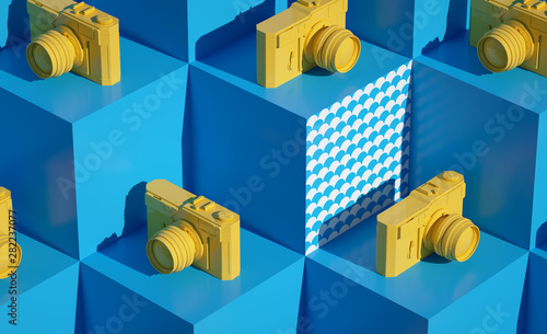 3d Cubes Pattern render Fresh still life holidays illustration Vacations composition Yellow Photo camera summer objects closeup Blue background with wave patterns