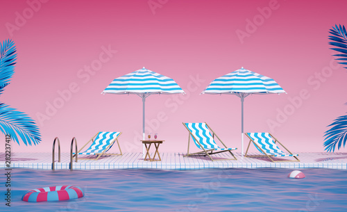 3d lounge sunbed idea Swimming Pool party Mood Holidays background composition Creative design backdrop Pink Background Tropical flowers and Blue umbrellas photo