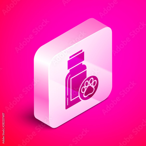 Isometric Dog medicine bottle icon isolated on pink background. Container with pills. Prescription medicine for animal. Silver square button. Vector Illustration