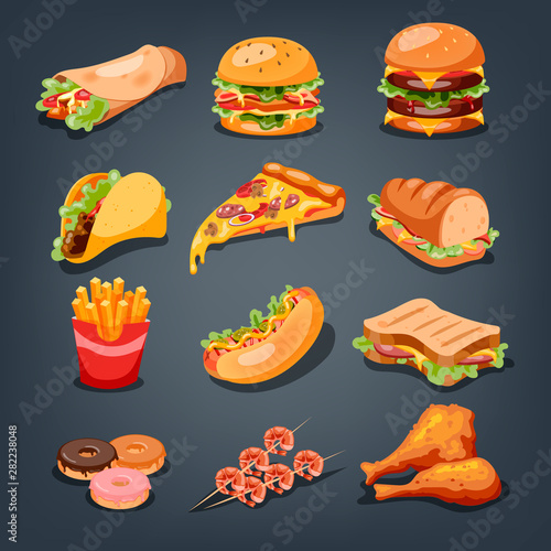 Fast food set. Collection of tasty snack. Pizza and burger