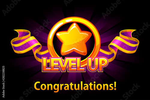 Level UP icon, game screen. Vector illustration with golden star and puple award ribbon. Graphical user interface GUI to build 2D games. Objects on a separate layer.