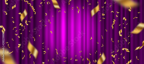 Spotlight on purple curtain background and falling golden confetti. Vector illustration.