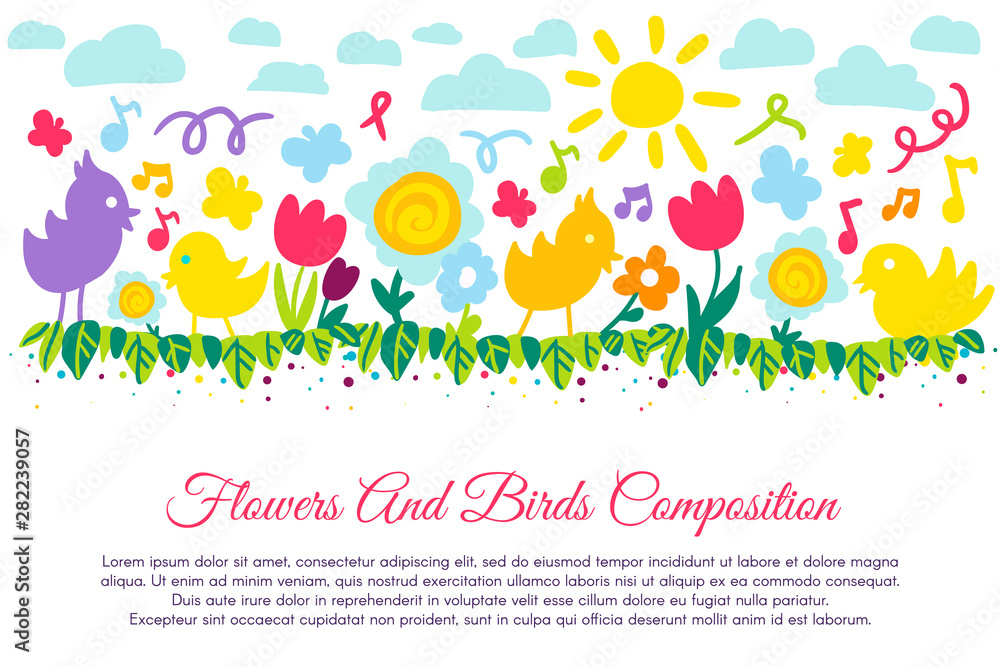 Birds and flowers flat banner with copyspace Birds and flowers flat banner with copyspace