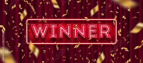 Neon light winner signboard and golden foil confetti against a red curtain background. Vector illustration.
