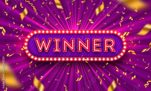 Neon light winner retro signboard and golden foil confetti against a light burst background. Vector illustration. Winner light bulb frame signboard. Winners logo.