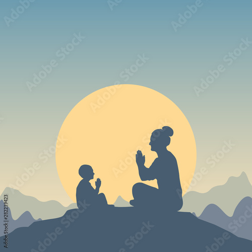 Silhouettes of a child and a woman sitting in a lotus position facing each other on a hilltop. Teacher and disciple learn Namaste. Vector illustration in flat style with mountain landscape and sun.