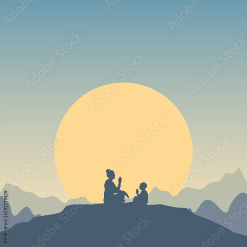 Silhouettes of teacher and disciple a sitting in a lotus position facing each other on a hilltop. Child and a woman learn Namaste. Vector illustration in flat style with free space for text.