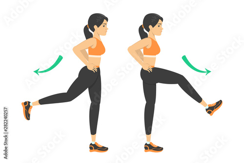 Woman doing leg swing exercise. Warm-up before workout