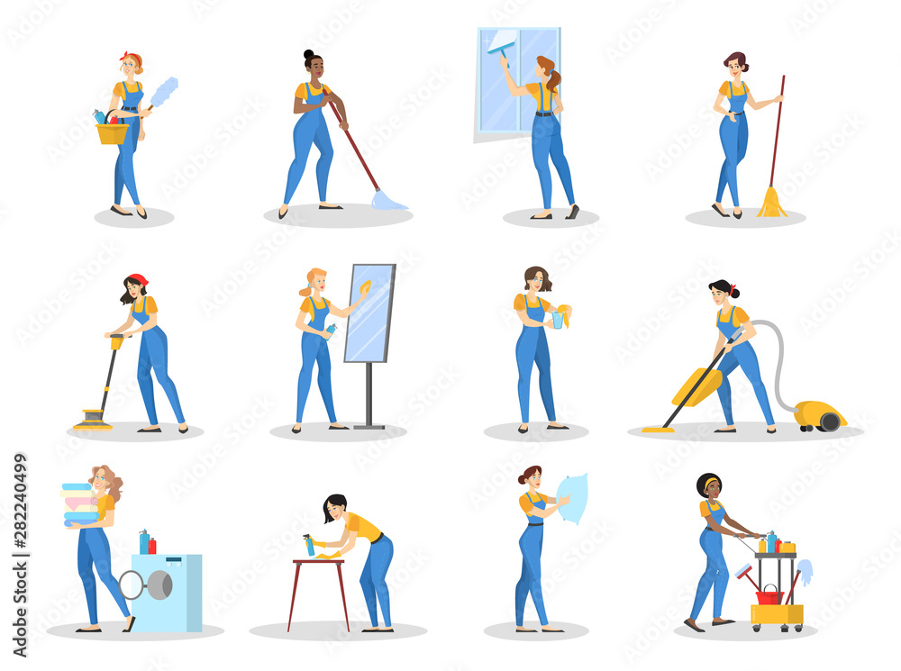 Cleaning service set. Collection of woman in uniform Cleaning service set. Collection of woman in uniform