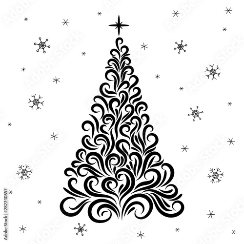 Contour Christmas tree from the elements of ornament. Image is a black line. Silhouette. New Year. Christmas. Celebration. Postcard.