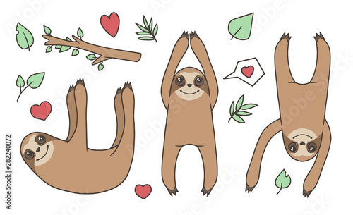 Vector collection of illustrations of different cute hanging brown sloth animals with leaves, tree branches and hears, design for children