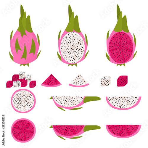 Dragon fruit set. Slice, piece