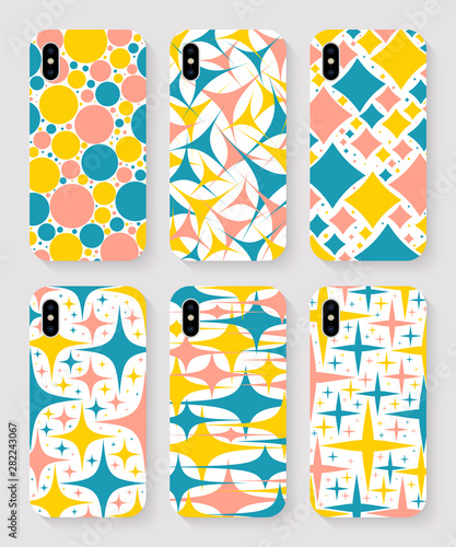 set of smartphone cases with colored print top view on grey background. stock vector illustration