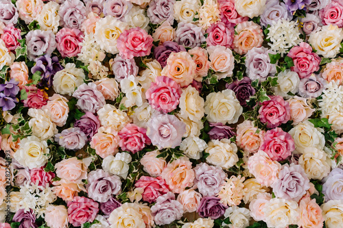 Beautiful Decorative Colorful Roses Background. Traditional Wedding Party Decor Detail. Pastel Flower Texture Closeup. Delicate Blossom Macro. Elegant Arrangement Floristics Setting