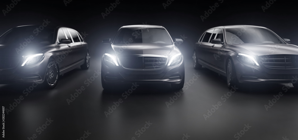 Luxurious cars, limousines in garage with lights turned on. Luxurious cars, limousines in garage with lights turned on.