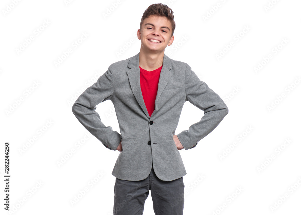 Handsome caucasian Teen Boy in suit isolated on white background. Teenager looking at camera. Happy child - close-up portrait. Handsome caucasian Teen Boy in suit isolated on white background. Teenager looking at camera. Happy child - close-up portrait.