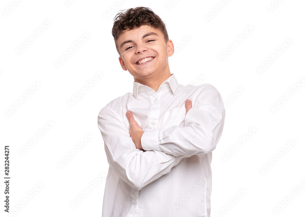 Handsome Teen Boy in white Shirt. Portrait of caucasian Smiling Teenager isolated on white background. Happy child looking at camera. Handsome Teen Boy in white Shirt. Portrait of caucasian Smiling Teenager isolated on white background. Happy child looking at camera.