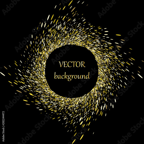 Vector abstract background. Yellow gold confetti on black background. Design for holiday banner, greeting card, invitation.