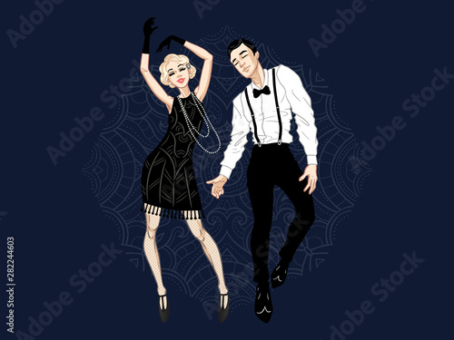 Retro party card, man and woman dressed in 1920s style dancing, flapper girls handsome guy in vintage suit, twenties, vector illustration