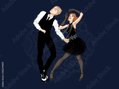 Retro party card, man and woman dressed in 1920s style dancing, flapper girls handsome guy in vintage suit, twenties, vector illustration