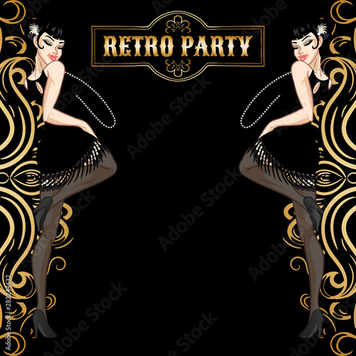 Retro party card, woman dressed in 1920s style dancing, flapper girl, twenties, vector illustration