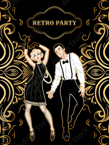 Photography Retro party card, man and woman dressed in 1920s style dancing, flapper girls ha