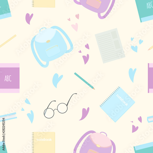 Vector seamless pattern with school satchel, books, pencils, glasses and hearts on white background.  For decoration, invitation, fabric and textile print, wallpapers, covers, gift and wrapping paper.