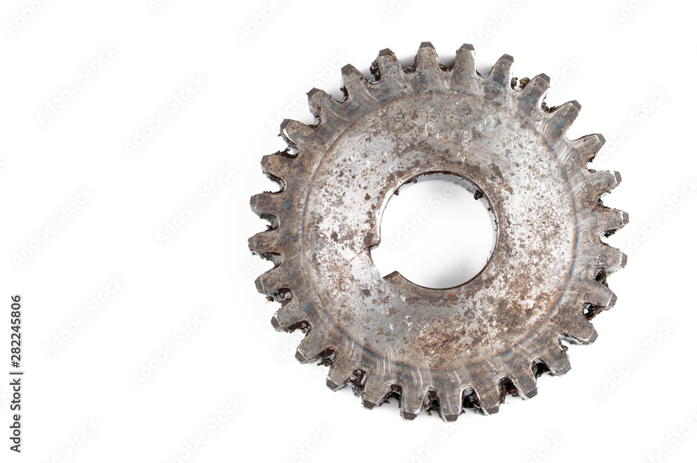 Stainless steel gears isolated on white background.Copy space Stainless steel gears isolated on white background.Copy space