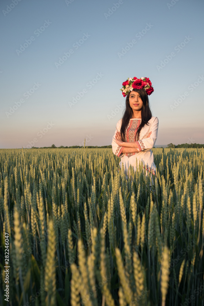 custom made wallpaper toronto digitalBeautiful indian young woman in traditional Ukrainian embroidery clothes and floral handmade wreath stand in field, look in distance dreaming or thinking, pretty ethnic woman posing in nature